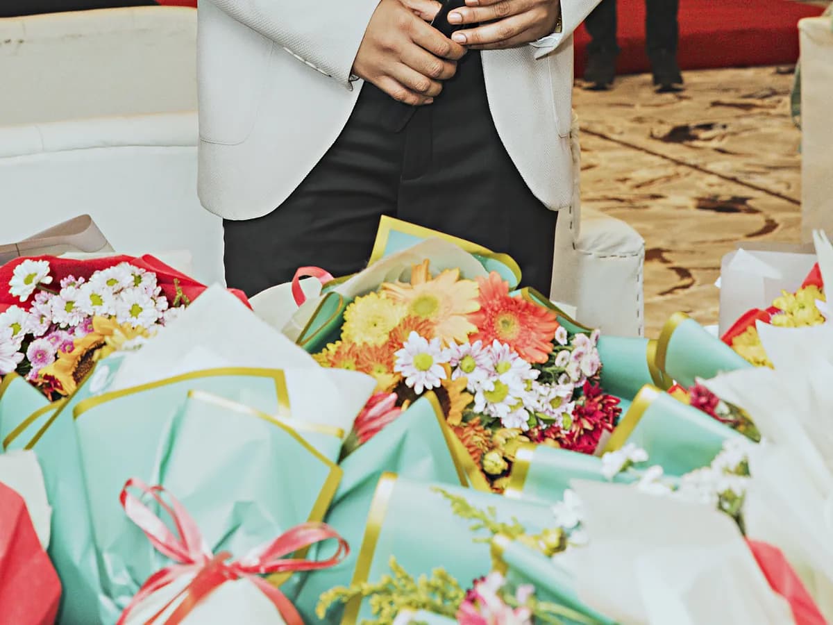 Welcome bouquets arranged for arriving guests at a HiBizz event in Goa