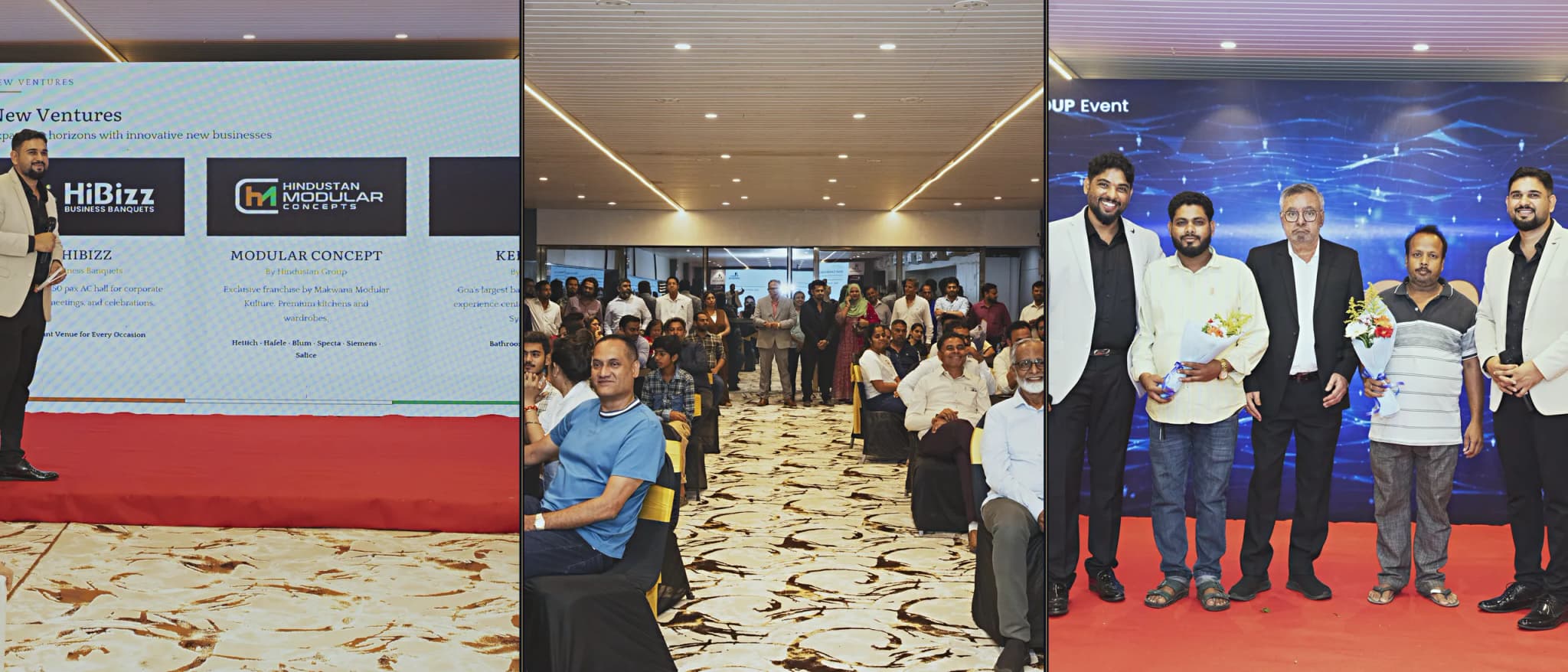 Three moments from the HiBizz launch event in Goa: the announcement, the full hall and guests being felicitated