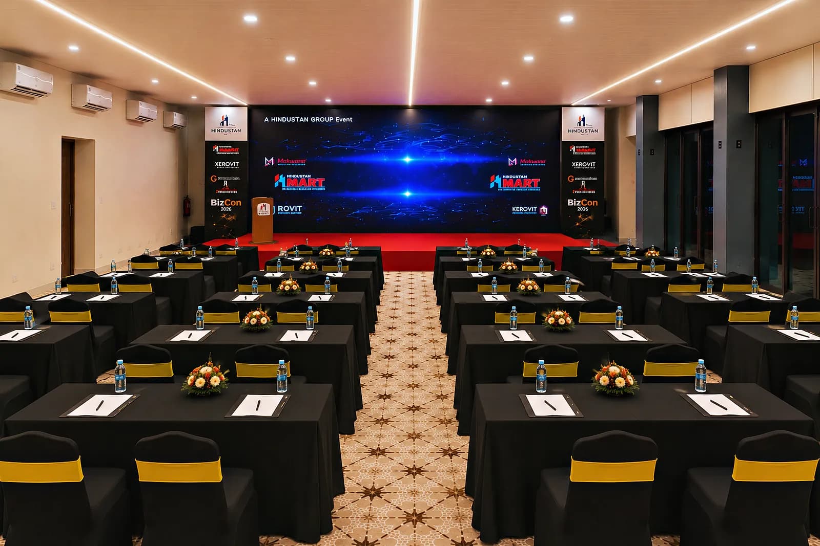 Visualisation of classroom-style tables facing the stage in the HiBizz hall, Goa