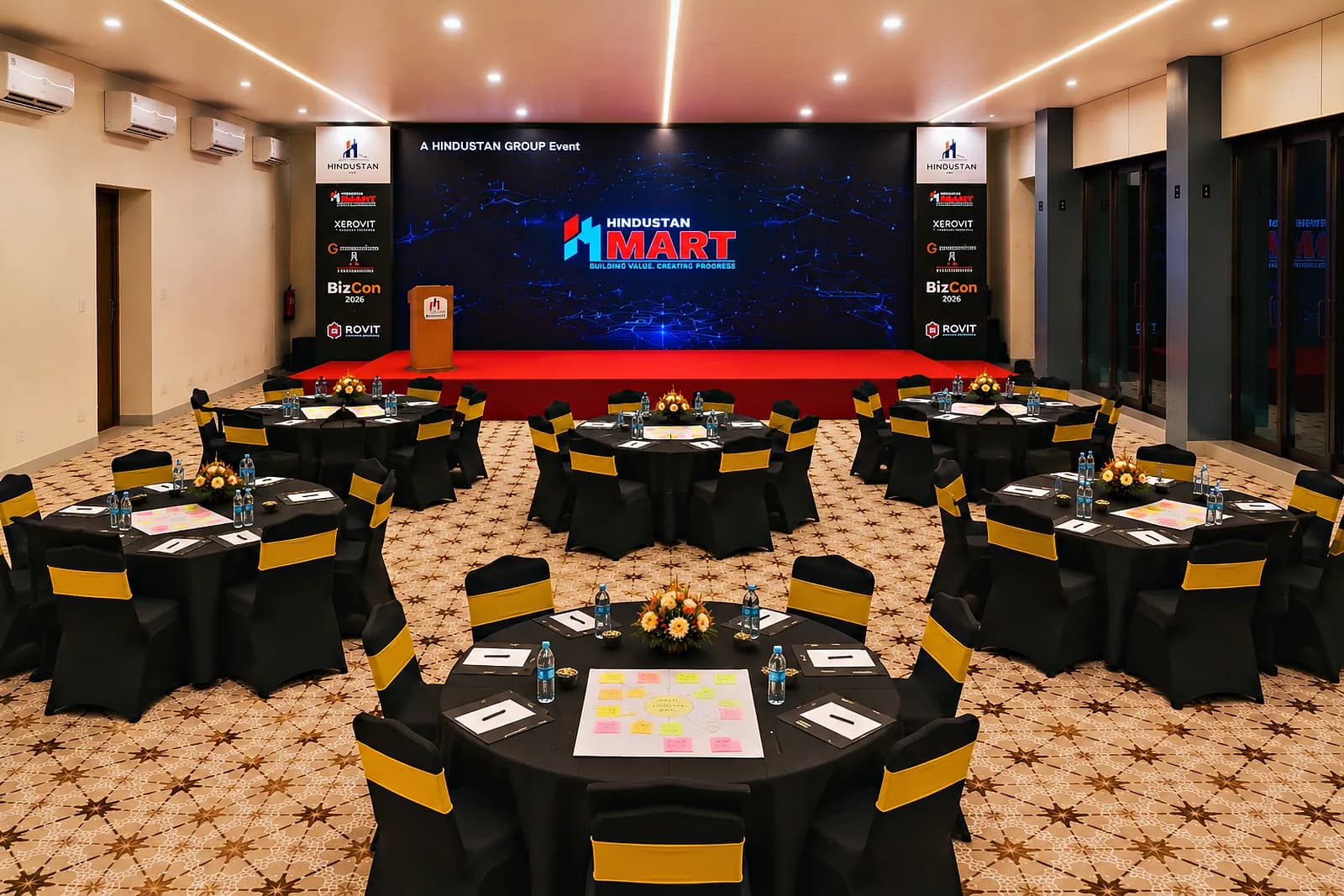 Visualisation of round cluster tables set for a workshop in the HiBizz hall, Goa