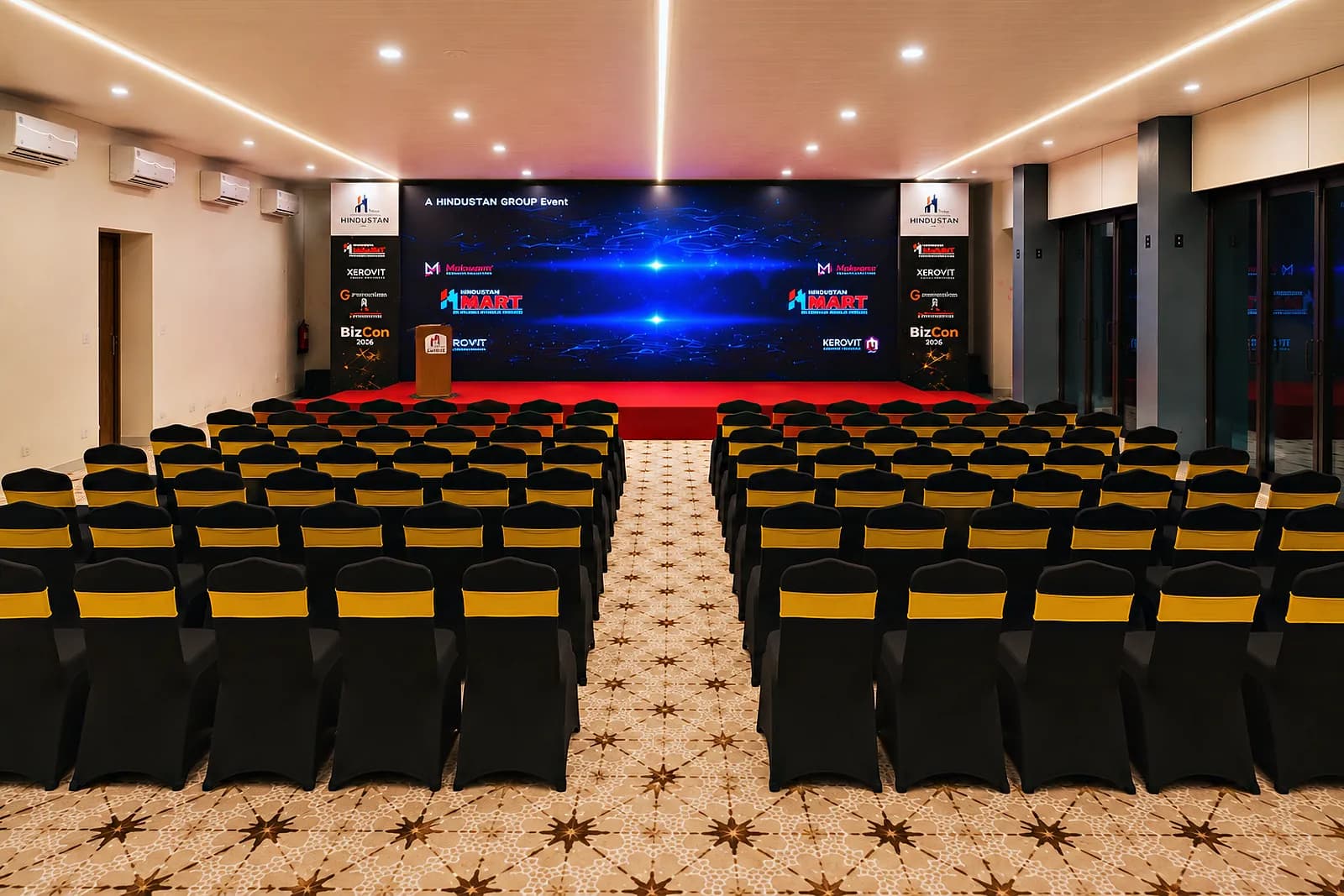Visualisation of theatre-style seating facing the stage in the HiBizz hall, Goa